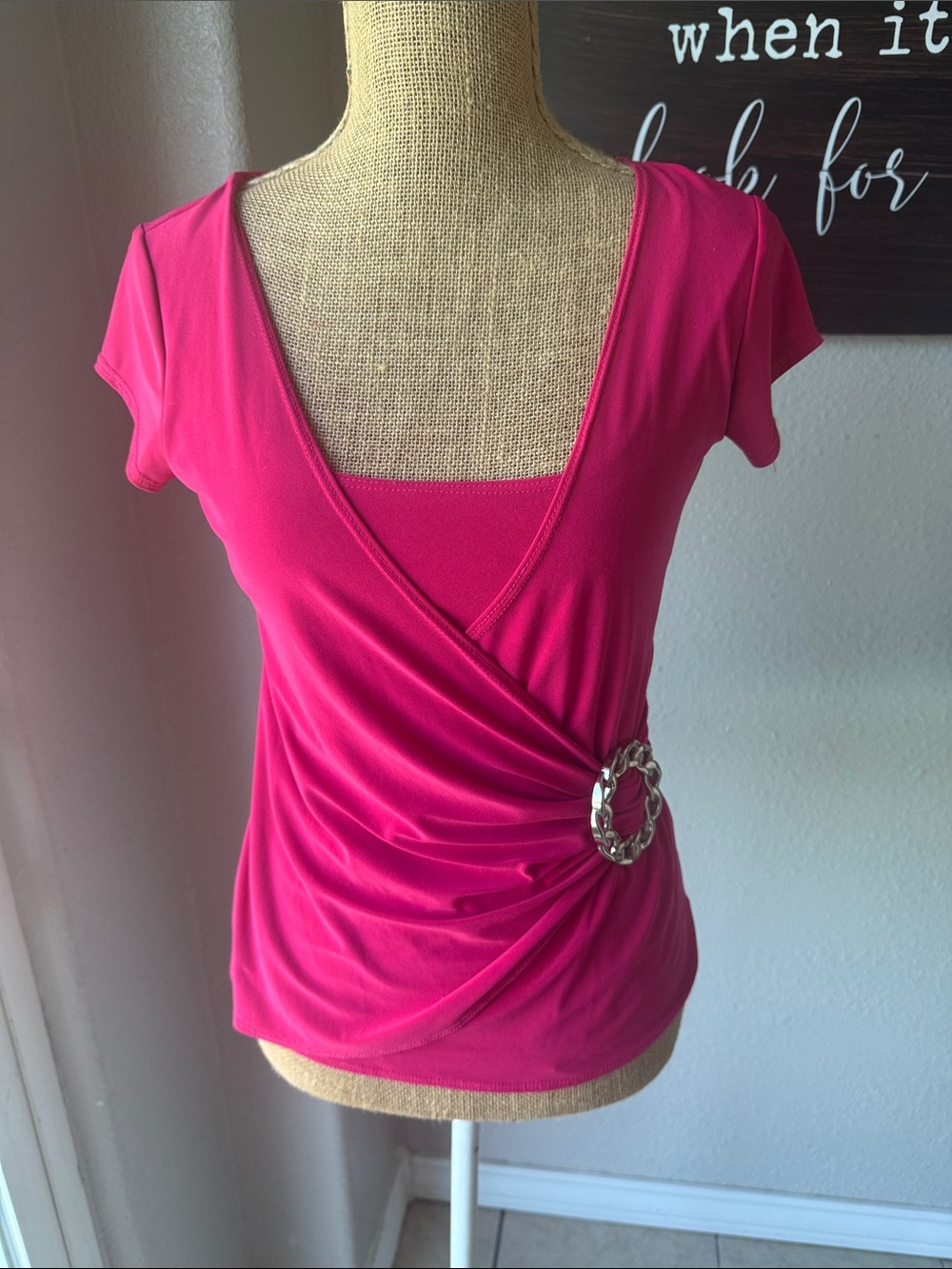 jason maxwell Hot Pink Wrap-Front Short Sleeve Top with Silver Ring